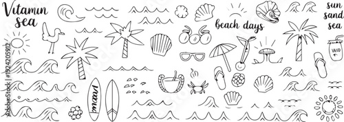 Beach doodle vector illustration, summer vacation design, tropical holiday art, seaside elements graphics, playful cartoon inspiration, paradise theme, relaxation content
