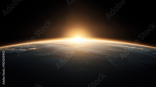 A planet with a sun rising over it.
