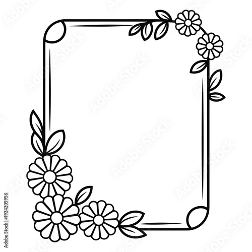 Rectangle frame with flowers and leaves vector illustration black outline decorative element floral border design