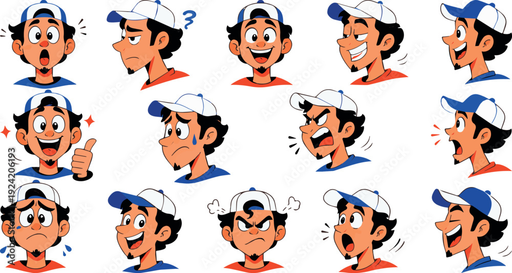 Obraz premium Cartoon boy avatar emotions set, expressive male character faces in multiple poses flat vector icons 