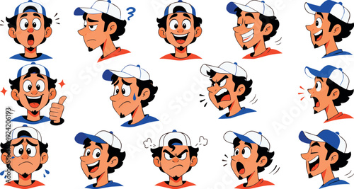 Cartoon boy avatar emotions set, expressive male character faces in multiple poses flat vector icons 