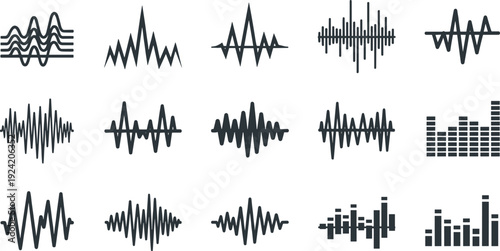 Audio Waveform and Sound Equalizer Icon Set with Music Frequency Signals for Recording, Podcasting, Broadcasting, and Digital Media Visualization