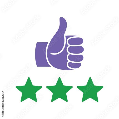 Purple thumbs up icon with three green stars rating on transparent background symbol of approval or success vector illustration