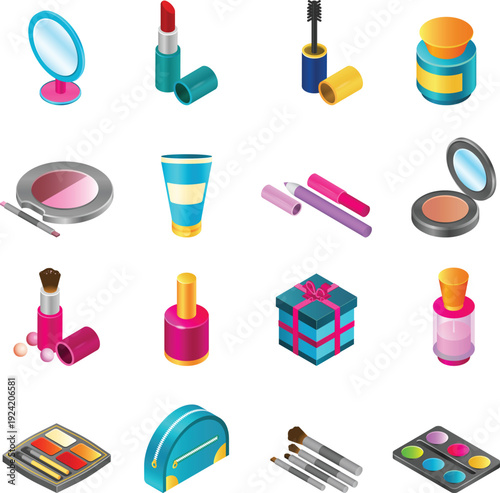 3D Vector isometric makeup tools and skincare products flat design set