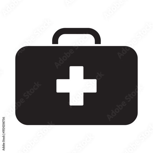 A simple black and white icon depicting a first aid kit with a white cross