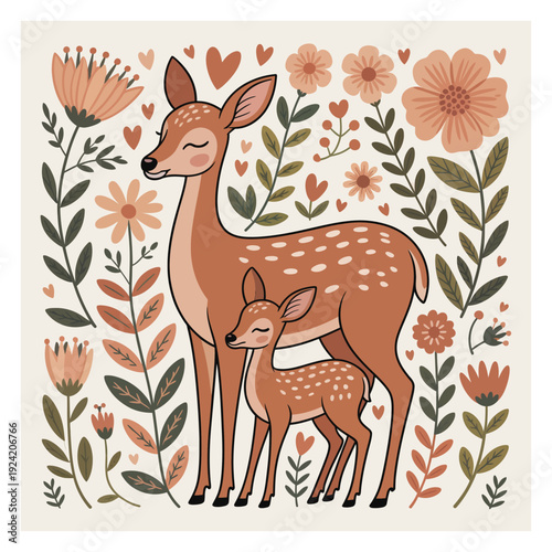 Mother deer and fawn surrounded by flowers and hearts