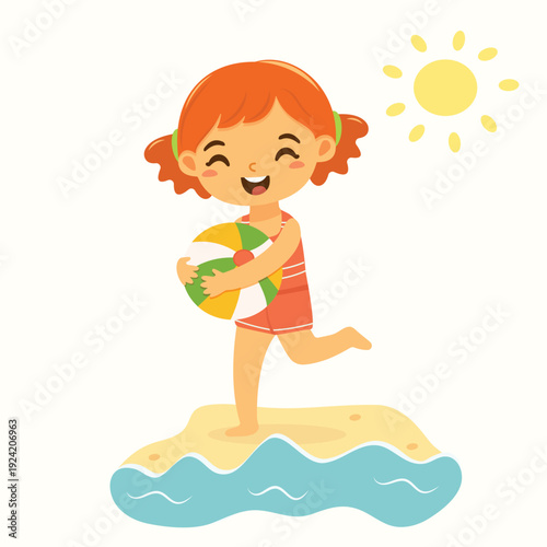 Cute and happy girl with ball on the beach on white background. Poster, Banner, Flyer, Summer time. Vector illustration in flat cartoon style