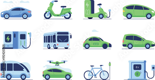 Collection of flat vector icons for electric vehicles and charging stations