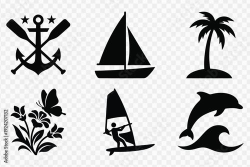 Set of nautical and tropical vector icons isolated on clear background
