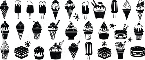 Black ice cream vector silhouette set with sweet summer desserts cones sundaes and popsicles isolated on white background for design