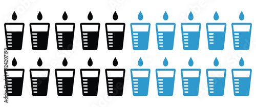 Minimalist black and white water drop filling glass illustration, vector icon set showing water levels, liquid measurement, drinking water symbols, isolated on transparent background for digital 
