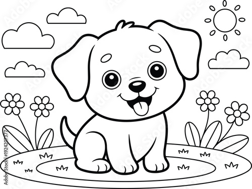 Adorable cartoon puppy with big eyes and a wagging tail sits in a grassy field with flowers and clouds