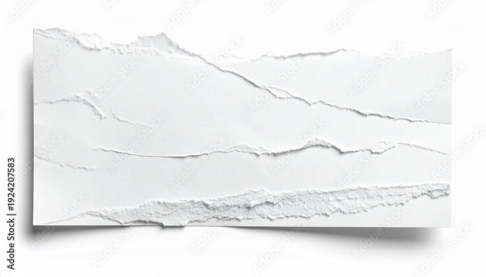 Fototapeta premium White paper torn horizontally in two places with jagged uneven edges, layered effect showing recessed middle section, textured contrast symbolizing disruption or separation.