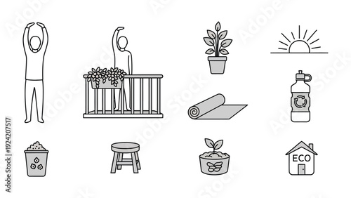 Eco-Friendly Lifestyle: This illustration depicts various elements of an eco-conscious lifestyle, showcasing activities like exercise, gardening, and recycling, all set against a minimalist aesthetic.