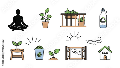 Eco-Friendly Living: A collection of simple illustrations conveys the essence of a sustainable lifestyle, including a meditating silhouette, thriving plants, balcony garden, water bottle.