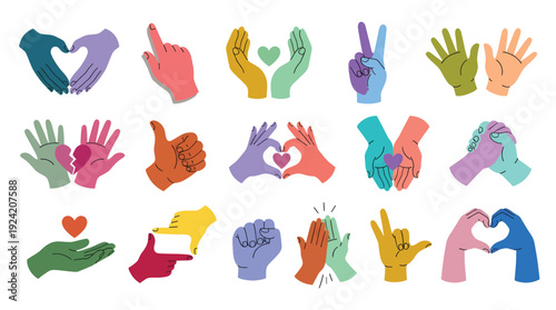 Hand gestures icon set in colorful flat style, love, peace, thumbs up, fist bump, and heart shapes