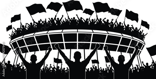 Silhouette stadium crowd cheering, waving flags, celebrating unity, sports fans excitement, concert audience energy, black and white vector illustration artwork