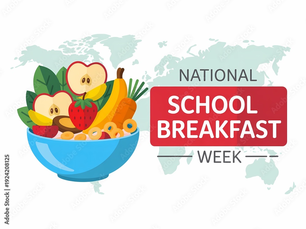 Fototapeta premium National school breakfast week logo with bowl of fruit and cereal on white background