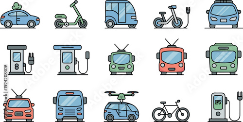 Set of flat vector icons for eco friendly vehicles and charging stations