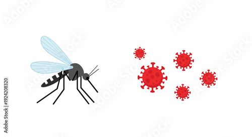 A flat vector illustration of a dark gray mosquito with light blue wings positioned next to a cluster of five red virus particles on white.