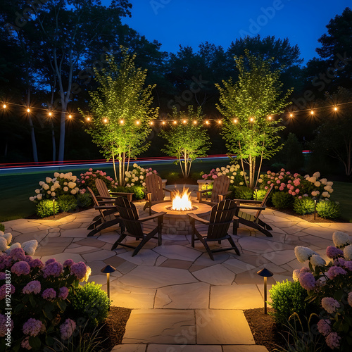 Cozy outdoor patio with fire pit, Adirondack chairs, string lights, and illuminated trees at night.