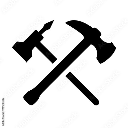 Crossed Hammer and Axe Construction Tools Vector Silhouette