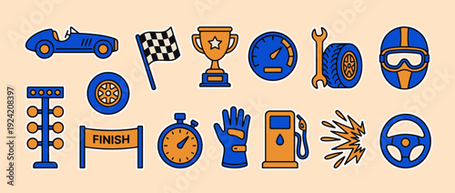 Racing Icon Set: A vibrant collection of racing icons, ideal for illustrating speed, competition, and the thrill of the track. Perfect for motorsports and high-performance themes.
