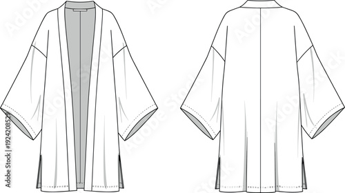 Blank women kimono cardigan robe fashion vector flat sketch template featuring wide sleeves, side slits, and front and back views.