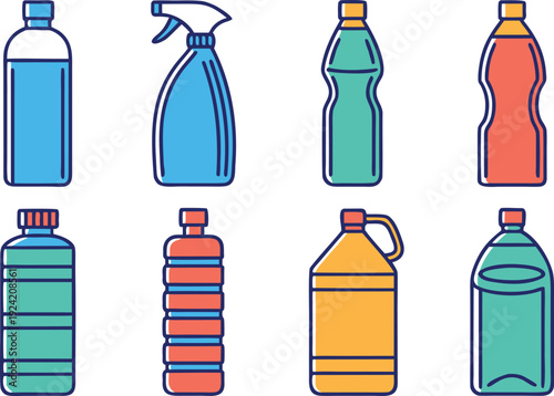 Various Bottle Types Collection. Assorted Bottles Set Illustration. Beverage Bottle Variety Set. Glass and Plastic Bottle Set. Different Bottle Shapes Collection. Bottle Packaging Design Set