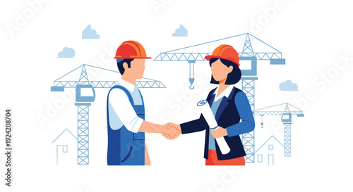 A vector illustration of a male worker and a female professional in hard hats shaking hands in front of a construction site with cranes.
