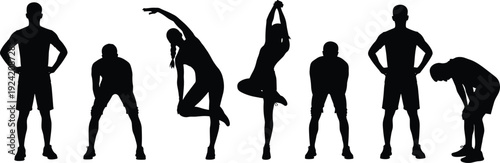 Black silhouettes of people in various poses on white background