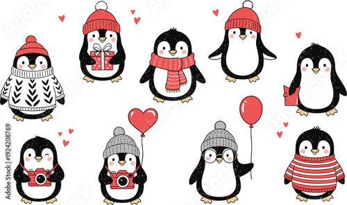 Cute winter penguin characters collection wearing scarves hats and sweaters with hearts balloons gifts and valentine love cartoon illustration set