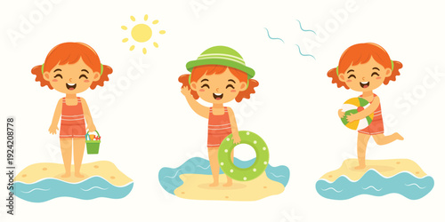 Cute and happy girl in summer ready to swim and play on the beach on white background. With swimming ring, diving mask, sup board, ball. Poster, Banner, Flyer, Summer time. Vector illustration in flat