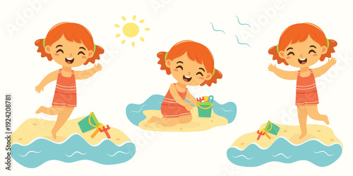 Cute and happy girl in summer ready to swim and play on the beach on white background. With swimming ring, diving mask, sup board, ball. Poster, Banner, Flyer, Summer time. Vector illustration in flat
