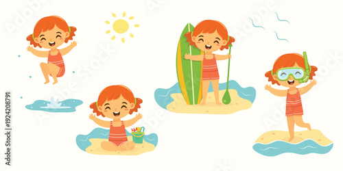Cute and happy girl in summer ready to swim and play on the beach on white background. With swimming ring, diving mask, sup board, ball. Poster, Banner, Flyer, Summer time. Vector illustration in flat