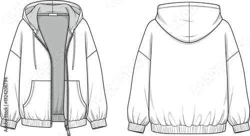 Blank oversized zip up hoodie technical fashion flat sketch vector template front and back view design mockup line art illustration