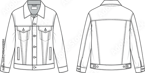 Denim jacket technical fashion flat sketch vector template drawing front and back view apparel design mockup for streetwear or casualwear