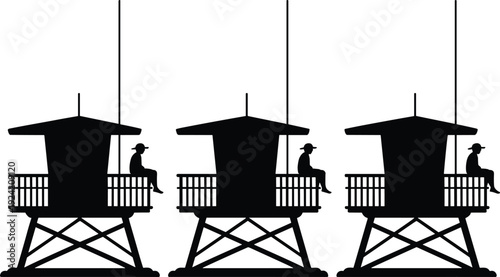Lifeguard Tower Silhouettes Set with Guard Sitting on Beach Watchtower, Coastal Rescue Station Black Vector Illustration Isolated on White Background for Summer Design