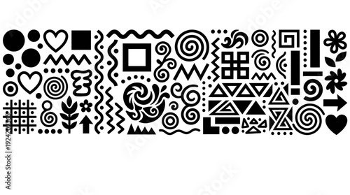 Collection of various black geometric and abstract shapes on white background.