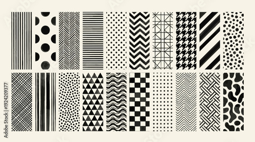 Collection of black and white geometric patterns and designs.