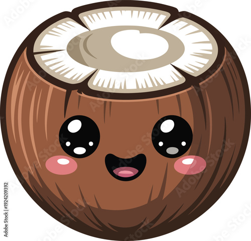 Cute cartoon coconut with smiling face and blush cheeks