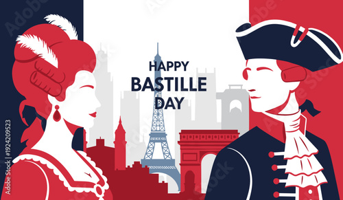 French man and woman in 18th-century historical attire with Paris skyline and flag background celebrating Bastille Day concept and French national pride
