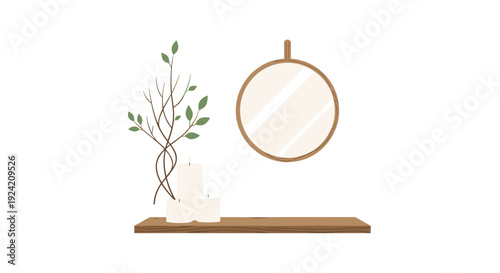 A wooden shelf holding white candles and a green plant sits below a round mirror on a plain white wall.