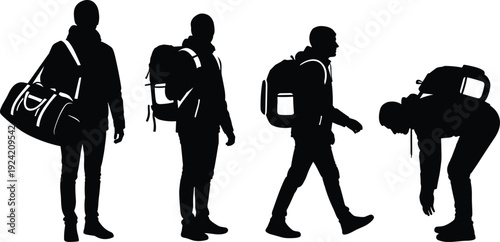 Men with Backpacks and Duffel Bags in Walking and Standing Poses