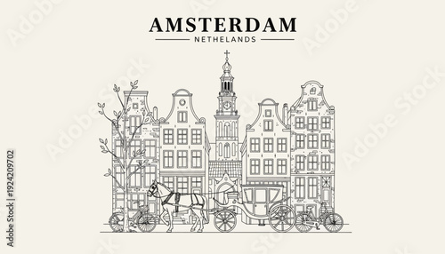 Amsterdam Netherlands cityscape illustration with bicycles and traditional architecture.