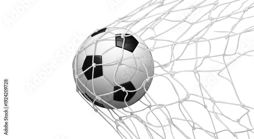 Soccer ball flying into goal net on transparent background with black panels