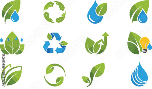 Eco friendly nature and water conservation icons set with leaves recycle symbols and sustainable energy elements