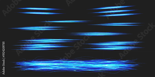 Collection of glowing blue light streaks and abstract motion blur effects on a dark background, vector illustration