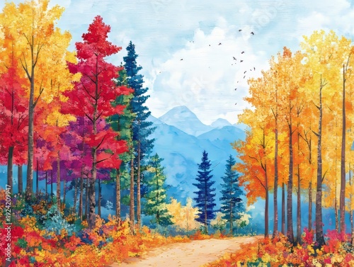The mountain forest is lovely in autumn. The trees look beautiful with fall colors.
