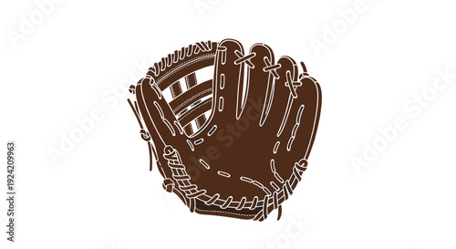 A flat vector illustration of an empty dark brown leather baseball glove with white stitching and lacing details on a plain white background.